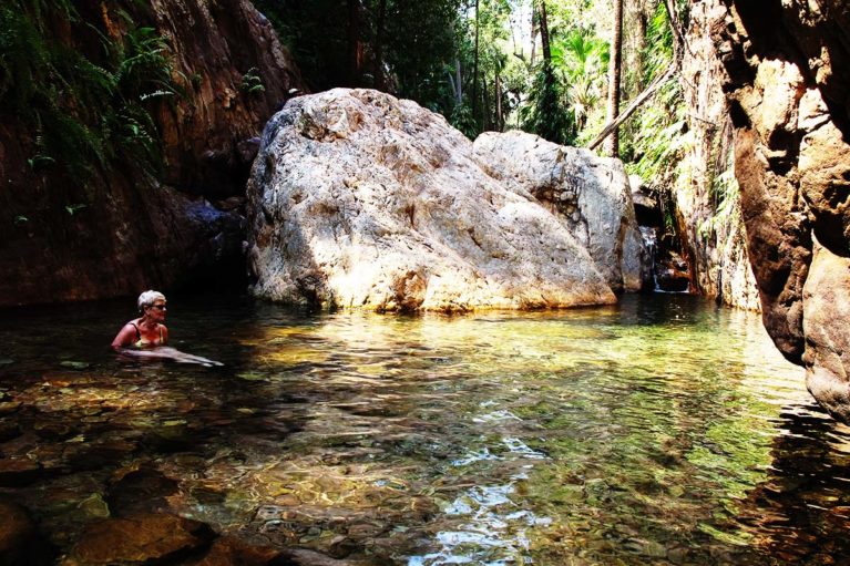 5 The halfway pool at El Questro Gorge is our destinationl. A beautiful swimming hole between the high gorge walls & lush tropical garden_ - Day 6