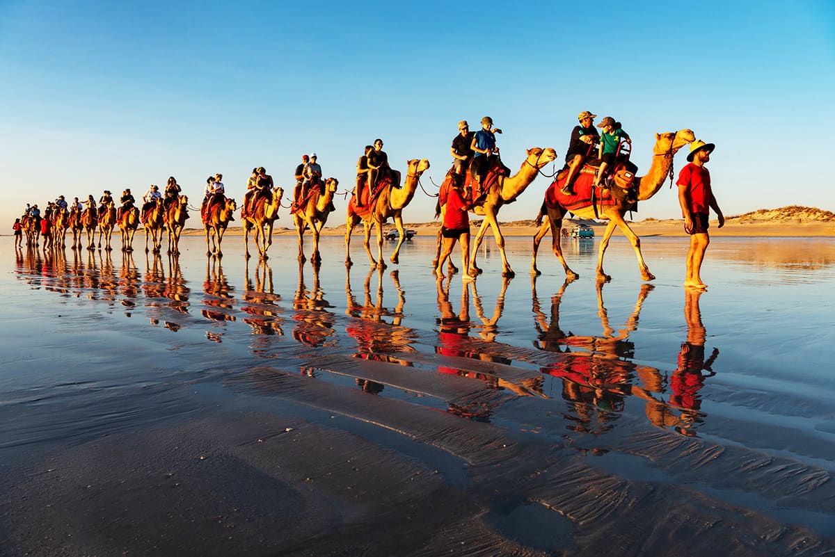 Camel rides are an iconic sight at sunset along Cable Beach Broome. This is winter in the Kimberley, sunshine 28-32 degrees daily