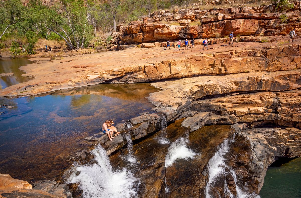 The smooth rocks around the falls make easy walking at the top of Bell Gorge