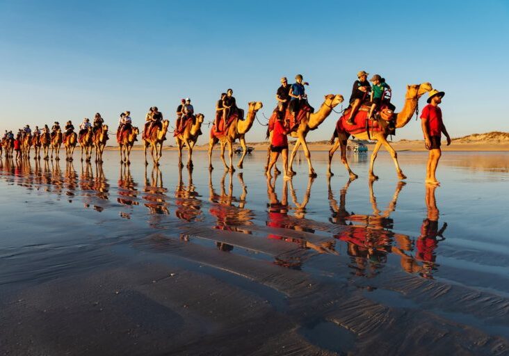 Camel rides are an iconic sight at sunset along Cable Beach Broome. This is winter in the Kimberley, sunshine 28-32 degrees daily