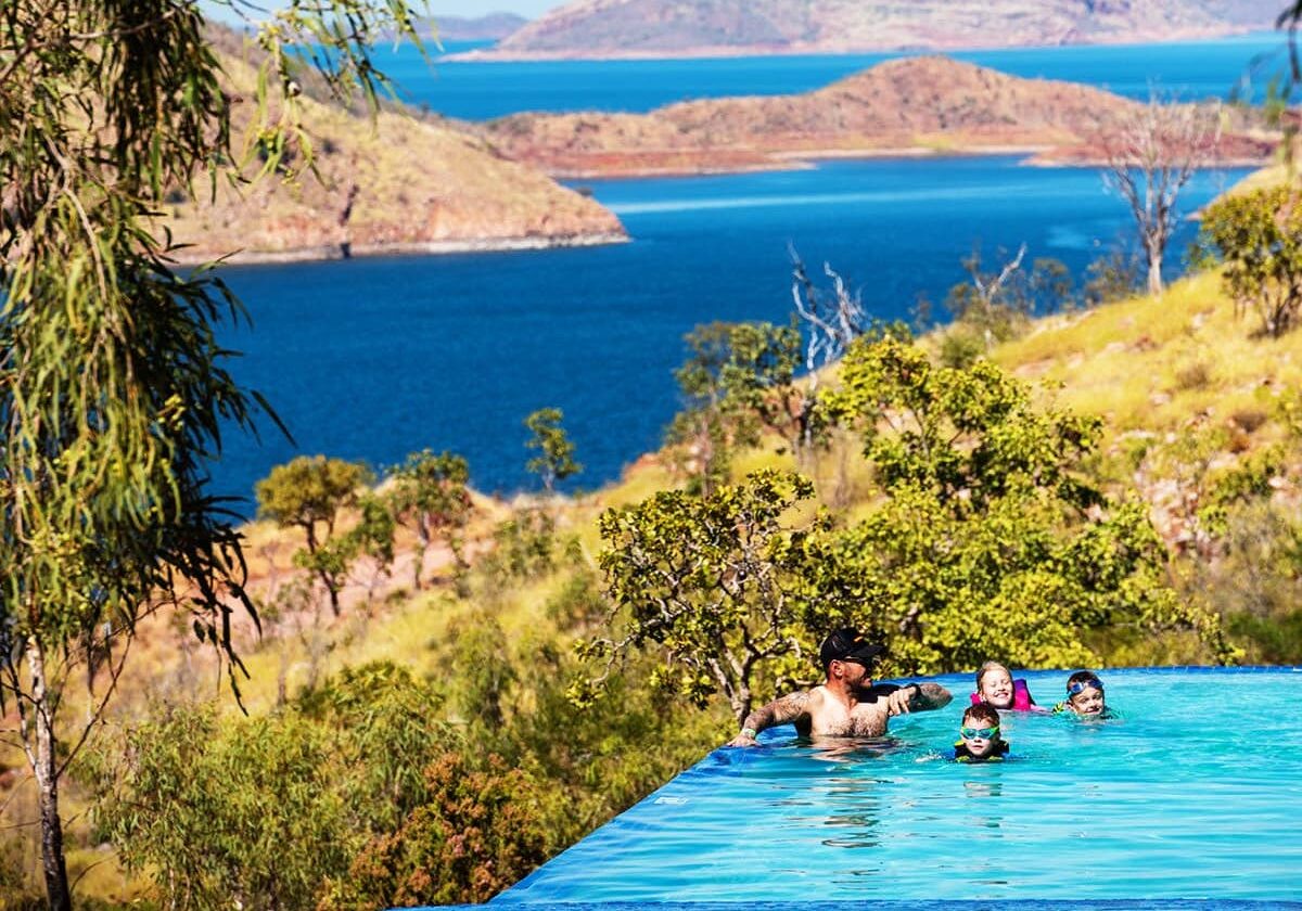 Infinity pool at Lake Argyle Resort offers incredible views of the islands on Lake Argyle, located 42km from the NT border