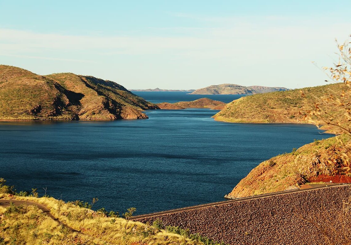 The dam wall built for the Ord River Irrigation Scheme created Lake Argyle, Western Australia's largest man-made lake