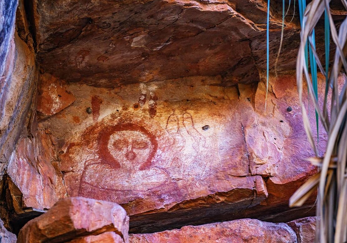 Wandjina rain maker spirit at Galvan's Gorge, Gibb River Road. Aboriginal rock art is found throughout the Kimberley.